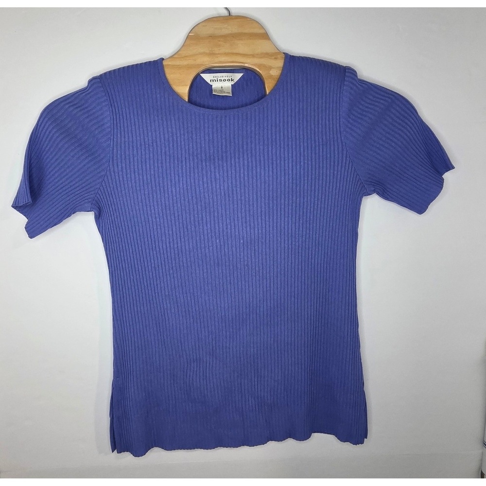 Exclusively Misook Womens Blue Ribbed Knit Short Sleeve Crew Neck Top Size S